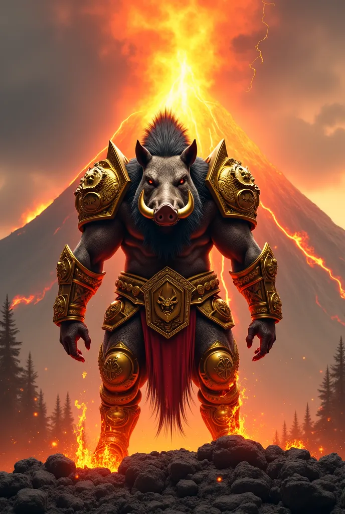 Germany	A boar warrior in golden armor, with fiery eyes, standing before a volcano, flames enveloping its body.