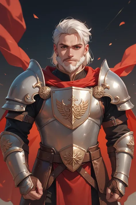  40-year-old male,  white hair, trimmed beard,  with round shield and armor with dark brown and red colors, He wears a short sword .