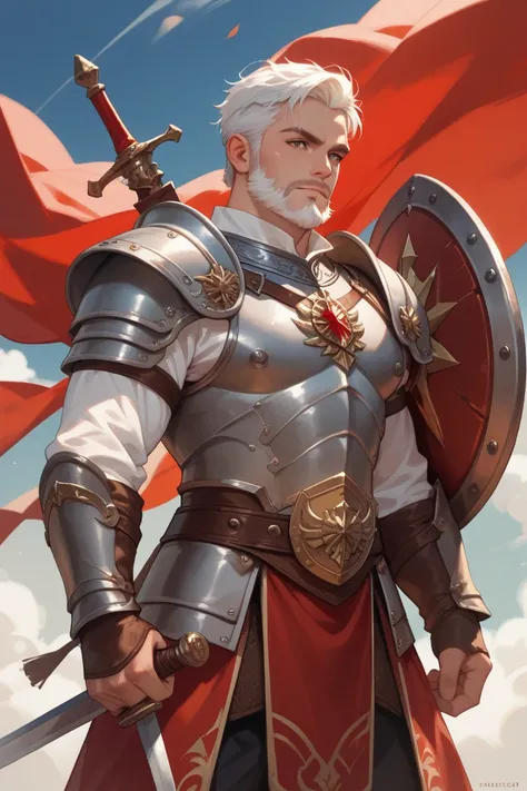  40-year-old male,  white hair, trimmed beard,  with round shield and armor with dark brown and red colors, He wears a short sword .