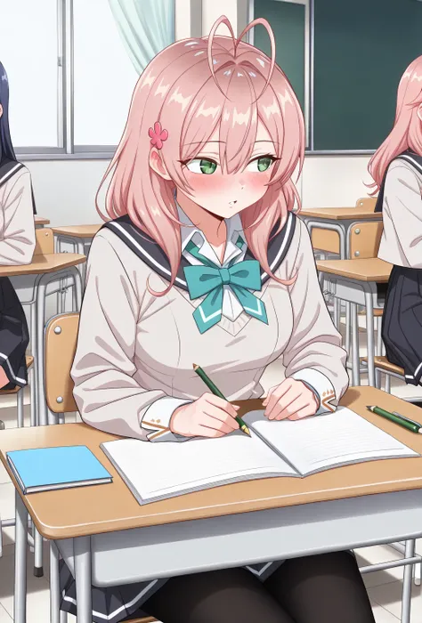 (masterpiece, best quality, very aesthetic, absurdres:1.2), score_9, score_8_up, score_7_up, cabronpr, (sitting at desk, pencil and notebook, classroom, looking away in love background:1.2), (anime theme:1.2), pink hair, green shiny eyes, 1girl, long hair,...