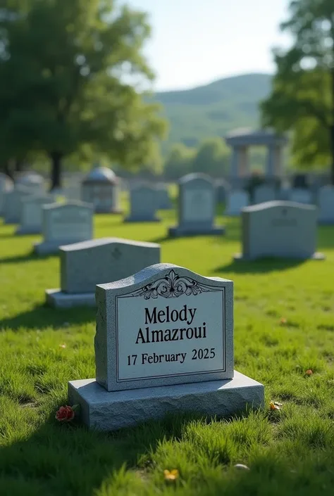 I meant in the grave write Melody Almazroui and the date 17 February 2025 I want it realistic at a graveyard at Massachusetts 