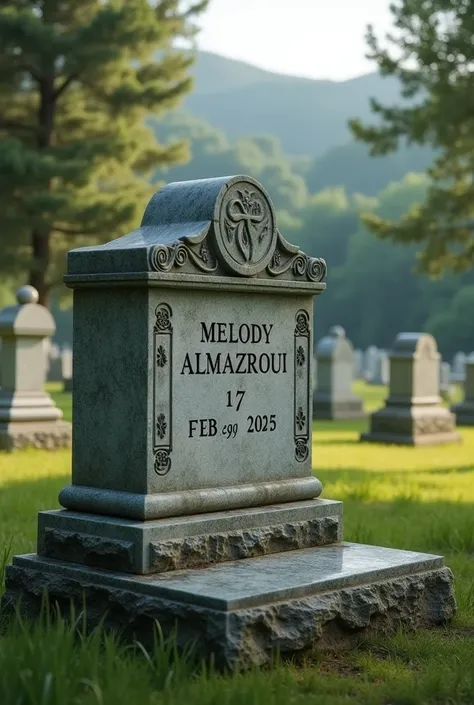 I meant in the grave write Melody Almazroui and the date 17 February 2025 I want it realistic at a graveyard at Massachusetts 