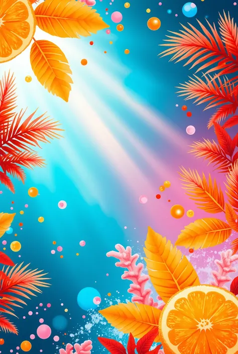 A hyper-saturated abstract composition bursting with summer’s energy, blending [citrus orange + electric turquoise + flamingo pink] gradients. Mimic textures of melting popsicles, sun-bleached coral reefs, and heat-haze distortions. Incorporate translucent...