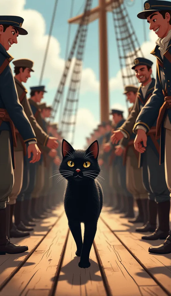 "A black cat walking confidently on a ship’s deck, with sailors smiling and petting it. The style is historical and cheerful, with a sense of adventure."
