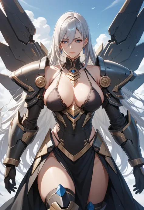 Score_9, Score_8_up , Score_7_up , Score_6_up , Score_5_up , Score_4_up , Source_anime,  masterpiece,  best quality, aesthetics, 1 girl,  gentleman, armored dress, silver mecha armor ,  mature woman, long hair,  silver hair,  hair between the eyes , fringe...