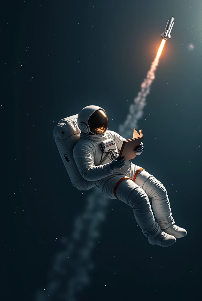 Astronaut sitting on nothing, no gravity, holding notebook, rocketship flying marketing rate