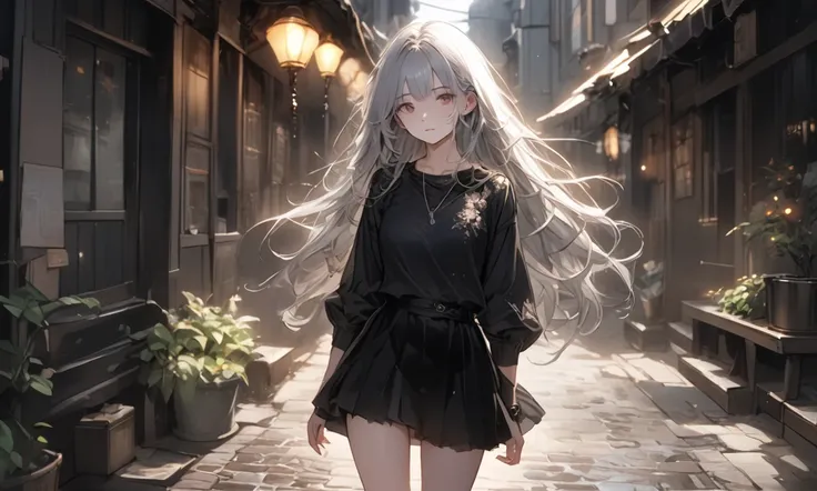 "Anime-style illustration of a silhouette of a woman walking through a narrow alley illuminated by warm golden streetlights. The cobblestone path glistens from a recent rain, and a soft mist lingers in the air, creating a nostalgic and mysterious atmospher...