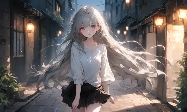 "Anime-style illustration of a silhouette of a woman walking through a narrow alley illuminated by warm golden streetlights. The cobblestone path glistens from a recent rain, and a soft mist lingers in the air, creating a nostalgic and mysterious atmospher...