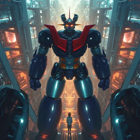  Modified Mazinger Z ,  Mazinger Z is 100 meters tall.   Constructed with modern materials such as steel  ,   Carbon Fiber  ,   Other industrial elements are also visible  ,  Just like the real thing  ,    I'm standing ahead at the height of a high-rise to...