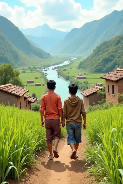 "A lush village, where the houses are made of clay and brick. The river flowing between the mountains, farmers tilling in the fields, and ren are seen playing. Ahmed and Faraz, two young boys, walk through the fields smiling with laughter."