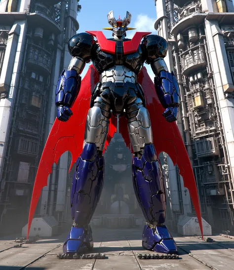  a very realistic version of Mazinger Z like the god of steel,  is in a battle pose while leaning forward at a height of 100 meters　Nuclear reactor equipment, cutting-edge science, giant 　under construction and being converted into a Great Mazinger 　　