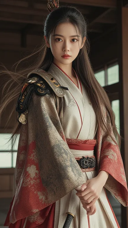 samurai girl wearing a kimono with shoulder armor, she's holding a katana, her long hair is flowing in the wind, she stands in a dojo training for her next battle