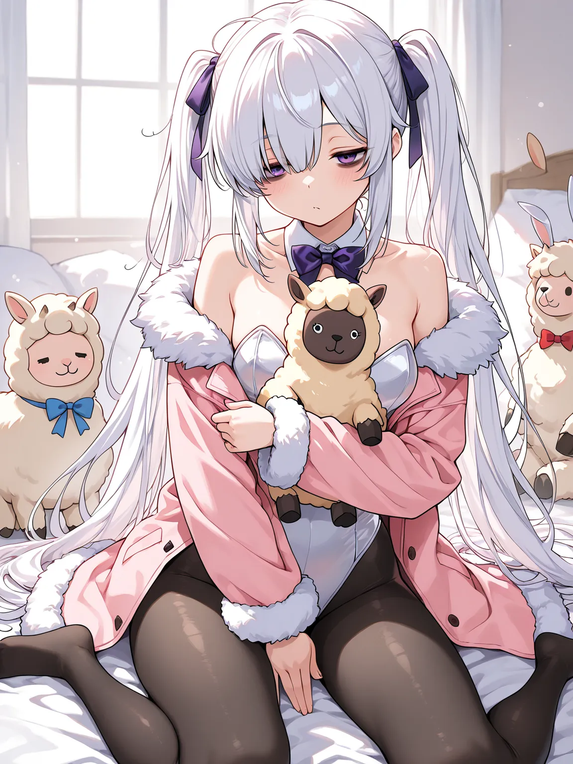 1girl, white hair, very long hair, twintails, purple eyes, bags under eyes, hair ribbon, pink coat, open coat, fur-trimmed coat, fur-trimmed sleeves, white leotard, playboy bunny, detached collar, bowtie, black pantyhose, sleepy, wariza, stuffed alpaca, ho...