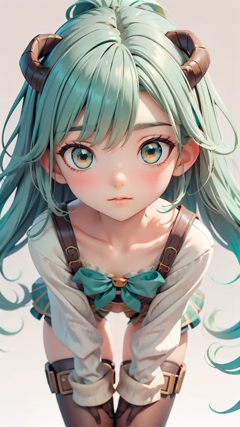 ((Live-2D))   masterpiece,  1 girl,  full body, stands right now,  steampunk clothing ,  military clothing ,  looks at the viewer,  detailed face , girl with green Wave hair , pony , Metal sheep horns , gradient hair,  Multicolor Hair , light green hair,  ...