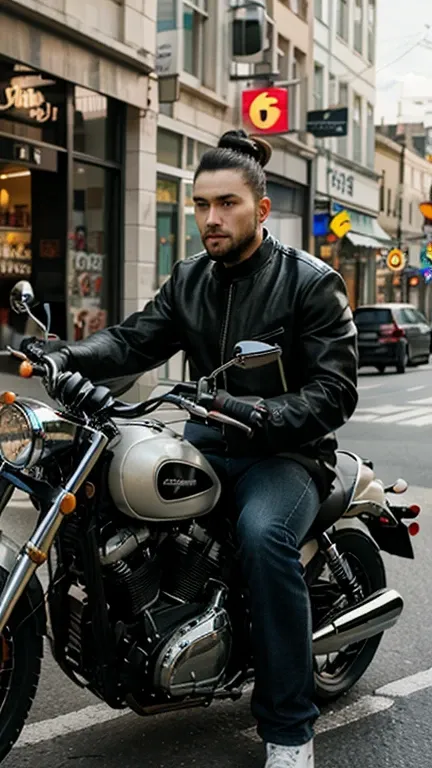 a brave man's hair models top knots riding a huge motorcycle down a city street