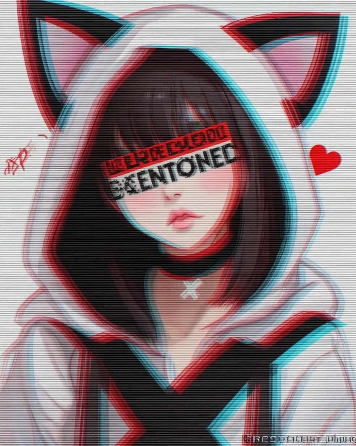 identity censor, scan line, VHS texture, censored, chromatic aberration, heart, short hair, cat ears hoodie, girl, choker, cursor, glitch, paw pose,    . keep out, cross mark, error message, (masterpiece, best quality:1.2) , accurate finger. 