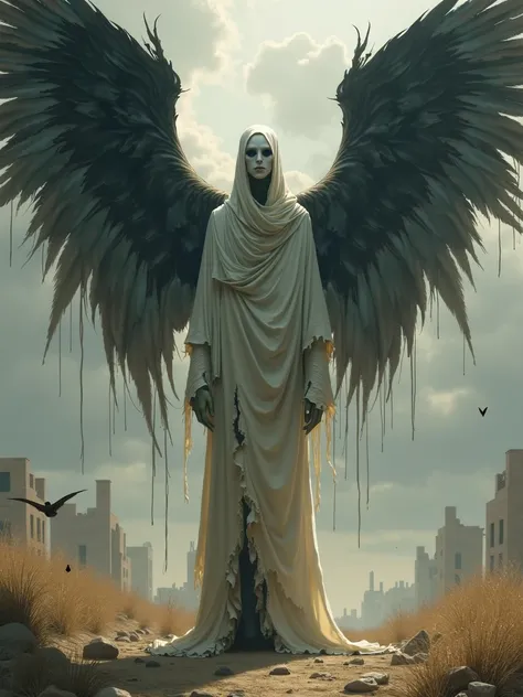 In the center of the composition stands the seventh angel, Shemkel, with a tall, slim figure, slightly twisted, as if not quite fitting into the human world. His face is pale, almost parchment-like, with thin, sharp features and eyes that have no pupils – ...