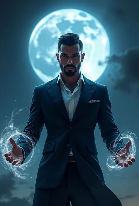 Tall and strong handsome Latino man with short hair and short beard wearing a black suit using moon magic to fight