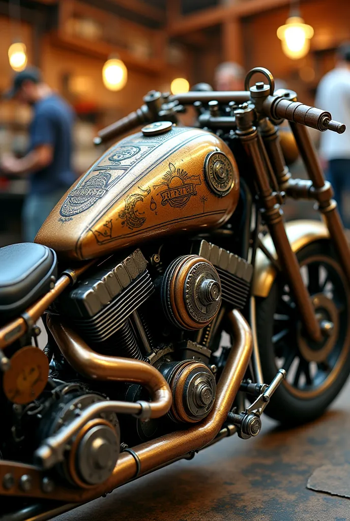 It captures the essence of a steampunk chopper motorcycle: a masterpiece of alternative engineering, where aged metal and polished bronze merge with exposed gears, twisted copper tubes and ornate pistons. The tank, richly engraved with Victorian motifs, se...