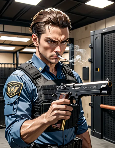 best quality, masterpiece, hires, highly detailed, 8k, 1male, male focus, solo focus, brown hair, brown eyes, slicked-back hairstyle, blue tactical uniform, black tactical gear, smoking a cigarette, holding a Desert Eagle handgun, hi-tech room, shooting ra...