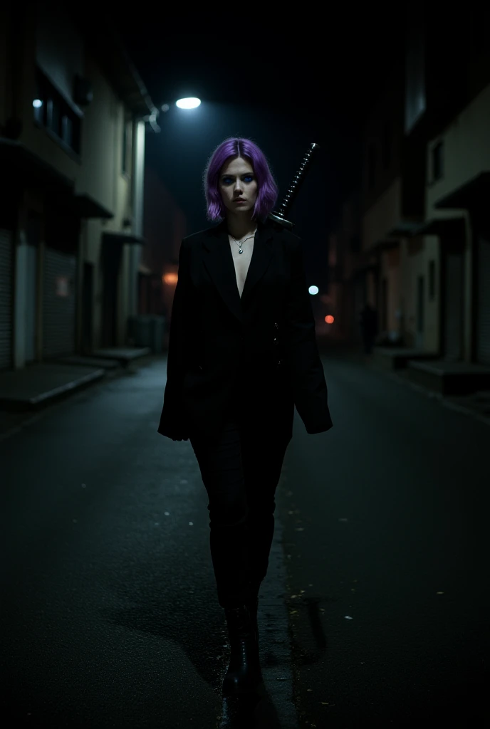 maxdark,A dark and desolate urban street at night, lit by faint, flickering streetlights. The camera focuses on Aril, a striking young woman walking confidently through the empty street. She has short, purple hair styled in a visual-kei fashion, dramatic m...