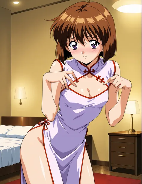 one girl, Alone, (cowboy shot), AMATSU _May,  Hair,  short hair ,  purple eyes,  bob cut , bangs, 1990s \(style\),anime coloring,  small breasts, cleavage, (cheongsam dress), (shy:1.1), (blush), (smile), ( sexy pose), bedroom, ( hotel),  score_9,  score_8_...