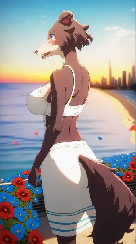 zPDXL, score_9,score_8_up,score_7_up,_up, best quality, amazing quality, masterpiece, 1girl, back shot, solo, fullbody, cute, skinny, blush, juno, wolf girl, animal ears, animal nose, brown fur, blue eyes, flowers on her back, beach, skyline, contour_deepe...