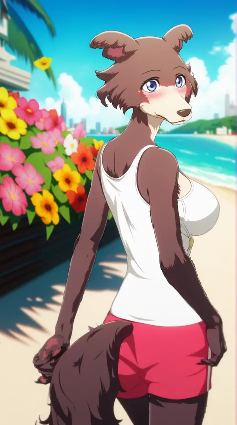 zPDXL, score_9,score_8_up,score_7_up,_up, best quality, amazing quality, masterpiece, 1girl, back shot, solo, fullbody, cute, skinny, blush, juno, wolf girl, animal ears, animal nose, brown fur, blue eyes, flowers on her back, beach, skyline, contour_deepe...