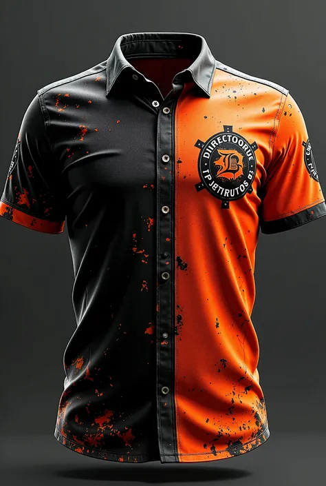 Create a black and orange shirt with large scuff details. On the front of the shirt written the word “DIRECTORIA PITBRUTOS” in the form of a coat of arms on the left chest