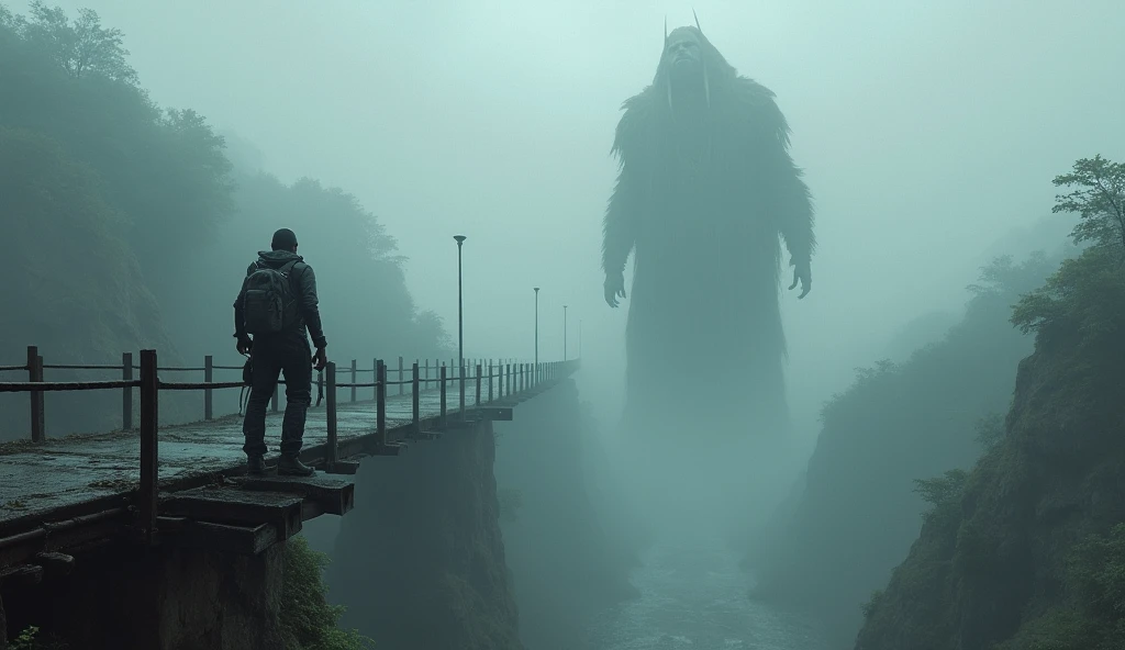 Standing on the edge of the abyss , a 60-year-old man dressed as a cybertech explorer in dark color ,   find themselves on an old suspended bridge between reality and the unknown.  A colossal and somber figure emerges from the fog ,  its shape merges with ...