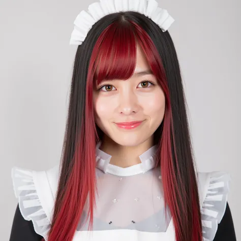 Two-tone color with black and red hair、Long hair up to chest
beautiful woman、maid clothes
straight hair、uniform、 high resolution,  best quality,  1 girl,
、smile、Focus on being straight、 long hair
