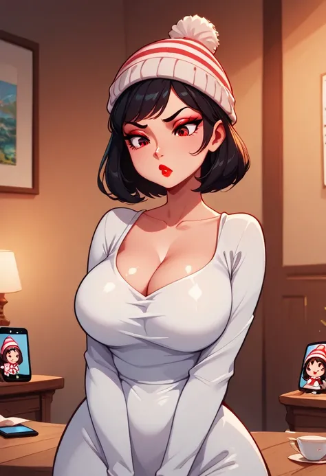 ultra detailed, absolutely resolution, masterpiece.  
chibi, cute woman, lewd great body proportion, large breasts, cleavage, wearing dressed smartly, knitted hat, red lips, pouting while on the phone, meeting place in town. 
artistically and beautifully w...