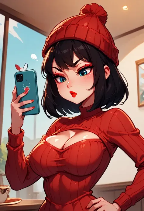 ultra detailed, absolutely resolution, masterpiece.  
chibi, cute woman, lewd great body proportion, large breasts, cleavage, wearing dressed smartly, knitted hat, red lips, pouting while on the phone, meeting place in town. 
artistically and beautifully w...