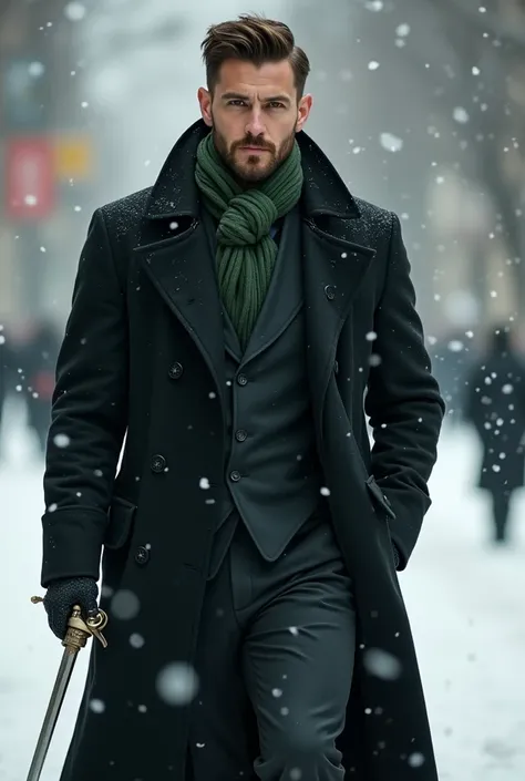 Tall and strong handsome man with brown hair with short beard dressed in a black coat with a green ascott scarf tied around his neck underneath and a suit underneath without a tie walking through snowy streets with a sword in his hand