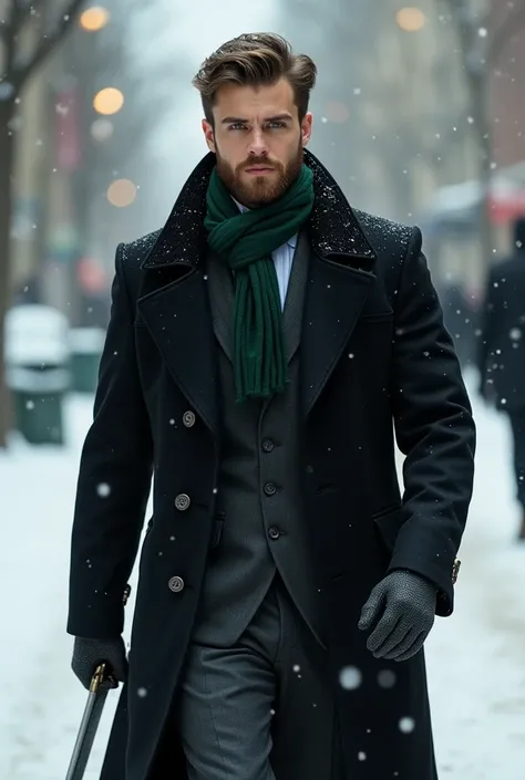 Tall and strong handsome man with brown hair with short beard dressed in a black coat with a green ascott scarf tied around his neck underneath and a suit underneath without a tie walking through snowy streets with a sword in his hand