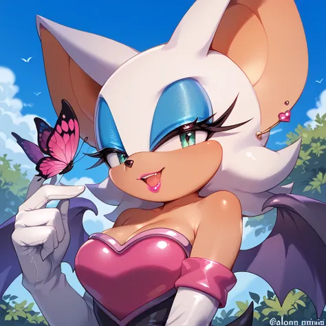 sonic's ears are pink and blue, and he holds a butterfly in each, 1girl, Rouge the bat wings, bat ears, solo, wings, makeup, animal ears, breasts, furry, outdoors, furry female, gloves, open mouth, bare shoulders, day, white hair, fang, elbow gloves, eyesh...