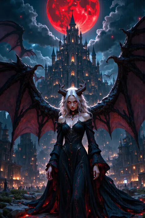 A beautiful looking female vampire with horns on her forehead, huge devil wings, white hair, and red eyes.The night sky shows a red moon, and you can see a huge castle.