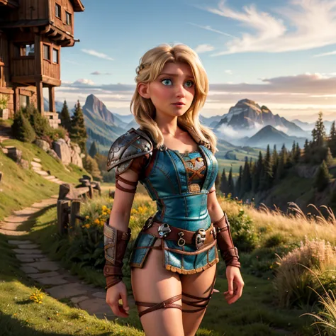 8k,  Ultra HD, super detalhes,  High quality,  high resolution . the heroine, astrid hofferson,  looks gorgeous in full body photo ,  your body is sculptural, her short blond hair is tied ,  in perfect combination with her white skin ,  her bright blue eye...