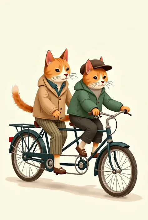 Two anthropomorphic cats pedaling together on a vintage tandem bike. the dog,  with a calm and determined expression ,  wears a beige jacket and striped pants , while the cat, More relaxed, She wears a green jacket and a brown cap .  The illustration has a...