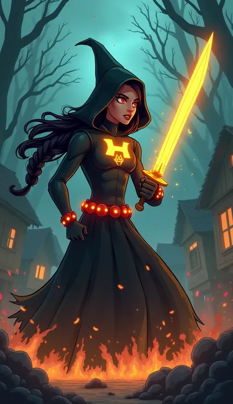 With a powerful swing of his glowing sword, Hamza A  superhero, Hamza, he wears a sleek black superhero suit with a glowing yellow 'H' on his chest and a bright red belt slices through the witch’s long, poisonous braid. The severed braid falls to the groun...