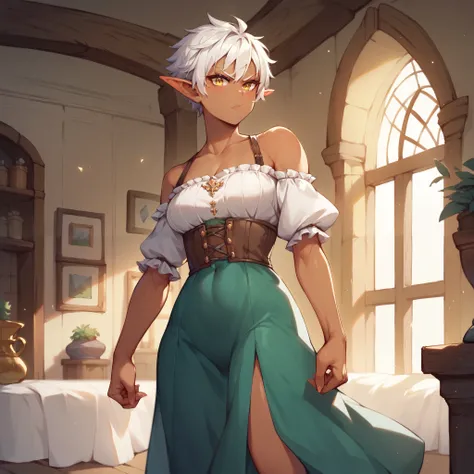 a tomboy dark elf with white hair and gold eyes and petite boobs. she looks angry at you while wearing a medieval dress. she stands in a manor living room.