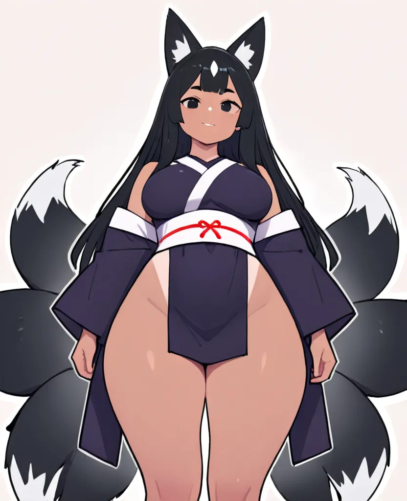 a beautiful young Japanese woman with long silky black hair with white accents, gorgeous black eyes. Fox ears and 9 tails, small round breasts, thick thighs, lightly tanned, dressed in a maroon kimono