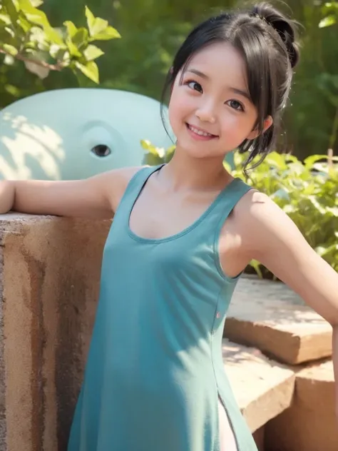 One girl, black hair, ponytail, BREAK, (tank top dress:1.4), BREAK, ((flat chest, tt_flat)), armpit, baby face, standing, smiling, outside, 