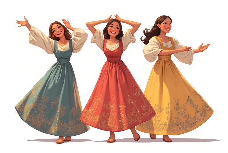 3 different girls, smiling, wearing detailed long medieval peasant dress, a full body shot on a white neutral background, hyper dynamic poses, posing to the viewer, simple shoes, flat colors, illustration of fantasy book, pastel tones, stylized characters,...