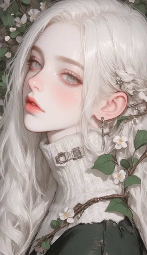 4k , 8k , (only 1 female long straight pure white hair green eyes) , 25 years old , with cardigan shirt  , novel , manhwa , very details , good perspective , hair details , very anime eyes detais  , ตรงตามกายวิภาคมนุษย์ ,ร่างกายสมส่วน , korean , anime eyes...