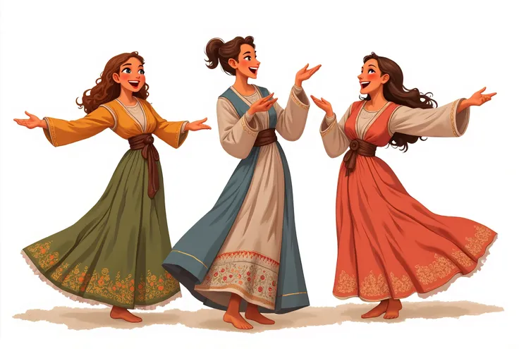 3 different girls, smiling, wearing detailed long medieval peasant dress, a full body shot on a white neutral background, hyper dynamic poses, posing to the viewer, simple shoes, flat colors, illustration of fantasy book, pastel tones, stylized characters,...