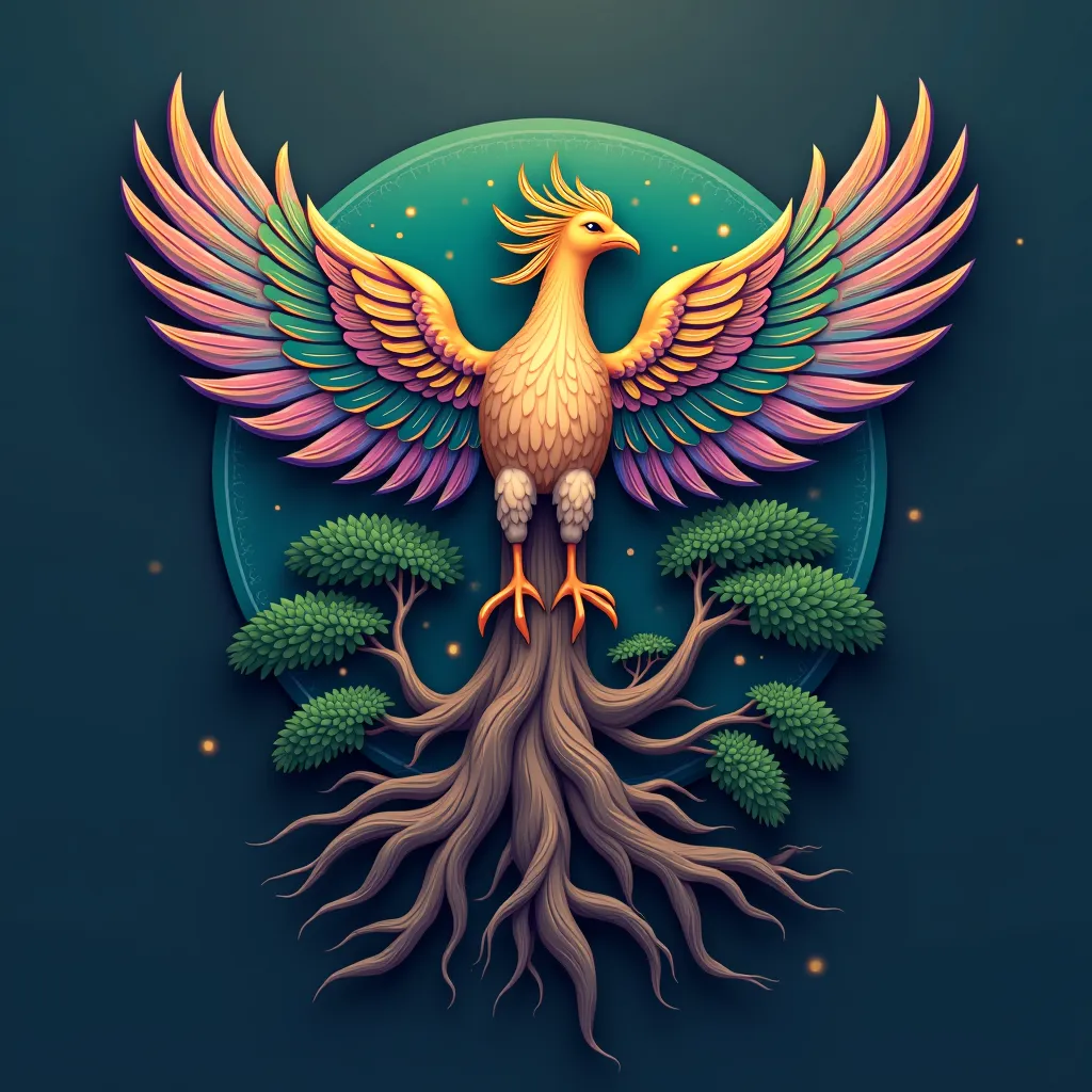 Icon of a beautiful Phoenix with a green and purple color mixed with gold persuasive flying over a tree with deep roots and beautiful color persuasive the color of the background of the image is persuasive blue  