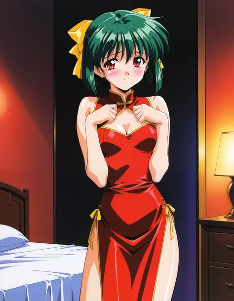 of you, one girl, Alone, (cowboy shot), 1990s \( style\),  green hair,  short hair ,  red eyes,  hair bow,  Yellow Ribbon ,  small breasts, cleavage, (cheongsam dress), (shy:1.1), (blush), (smile), ( sexy pose), bedroom, ( hotel),  score_9,  score_8_superi...