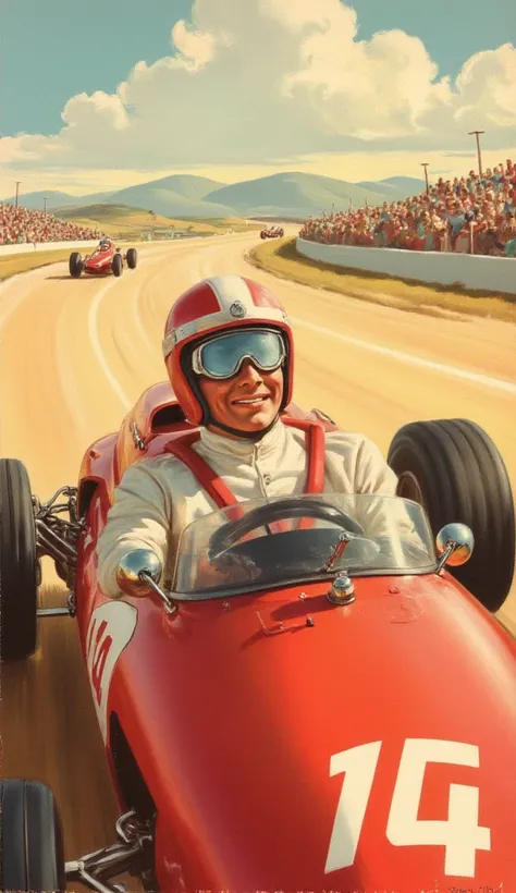 50s illustration style. a racer in a vintage F1 car. he is wearing a helmet, a pair of goggles on his eyes. on a racetrack. car is shown in full. cinematic shot. dramatic effect for speed.