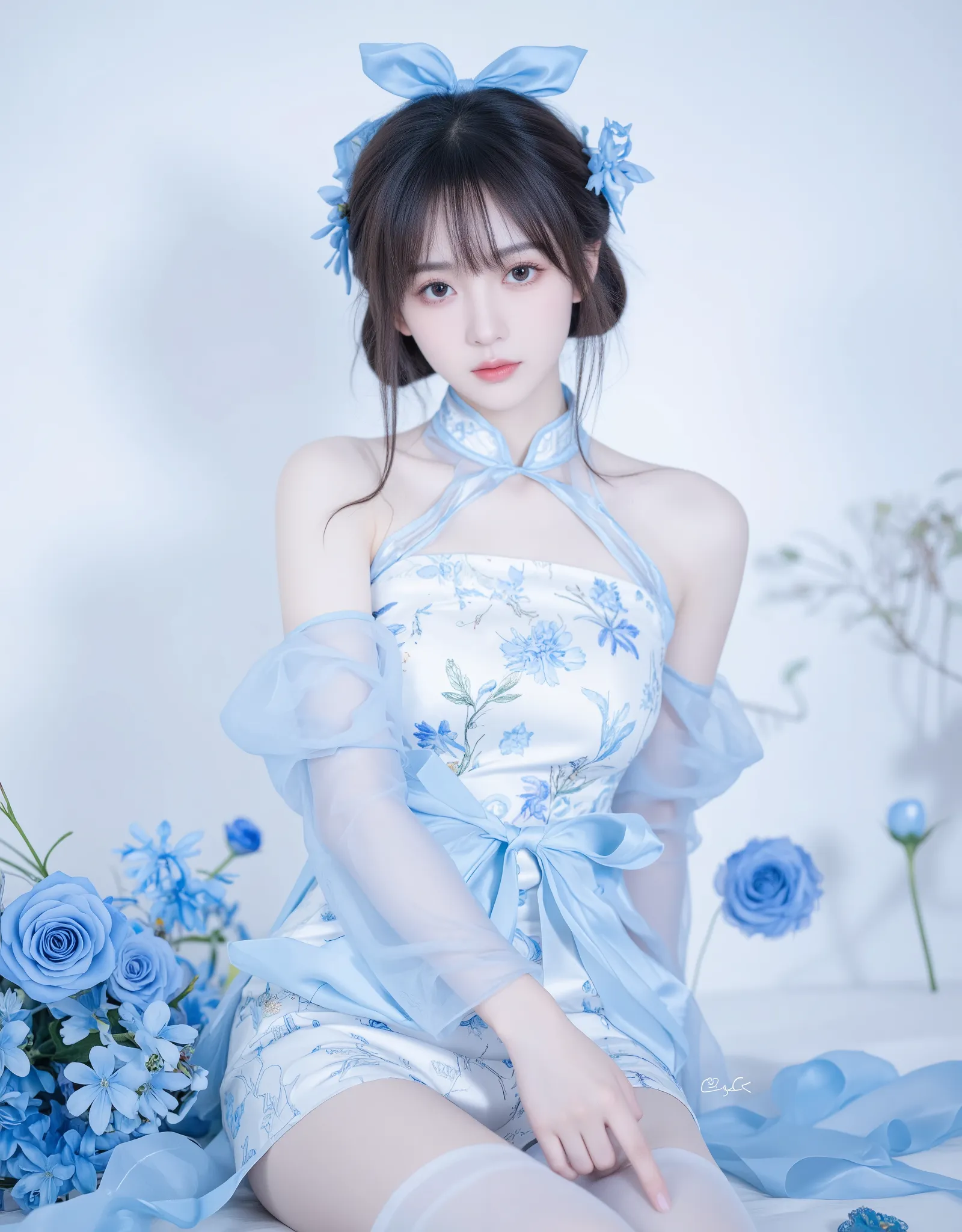 Cheongsam, 1 girl, blue bow, blue eyes, blue flowers, blue ribbon, blue rose, chest, Chinese clothing, Chinese clothing, dress, flower, gradient, gradient background, embroidered ball flower, looking at the audience, small chest, pantyhose, rose, single, t...